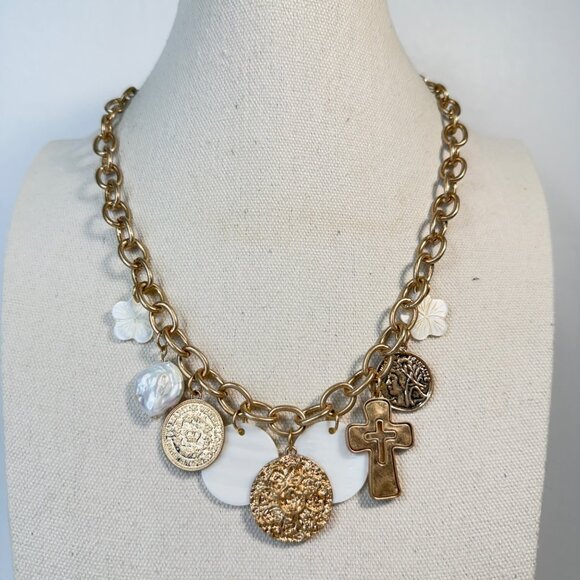 Coin Cross Pearl Charm Necklace Gold-Tone Chain‎ Dangle Religious Medallions - Picture 1 of 7
